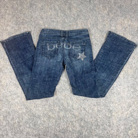 VTG Bebe Charlotte Star Flare Jeans Y2K Rhinestone Size 27 Dark Wash Low Rise - Picture 11 of 13